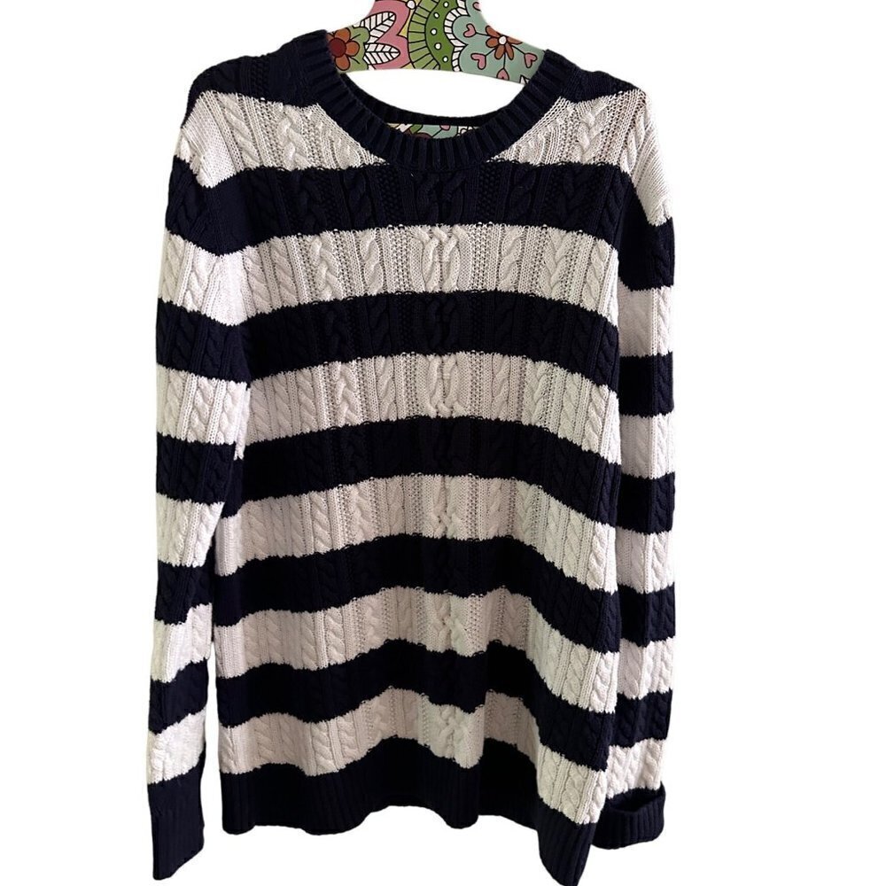Navy and White Striped Knit Sweater Size Large
